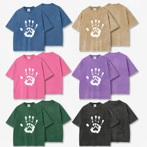 260G Heavyweight Cotton Oversized Vintage Acid Wash Graphic Tee, Unisex Loose Fit DTG Handprint Print Short Sleeve Crew Neck T-Shirt, Casual Streetwear Top for Men Women