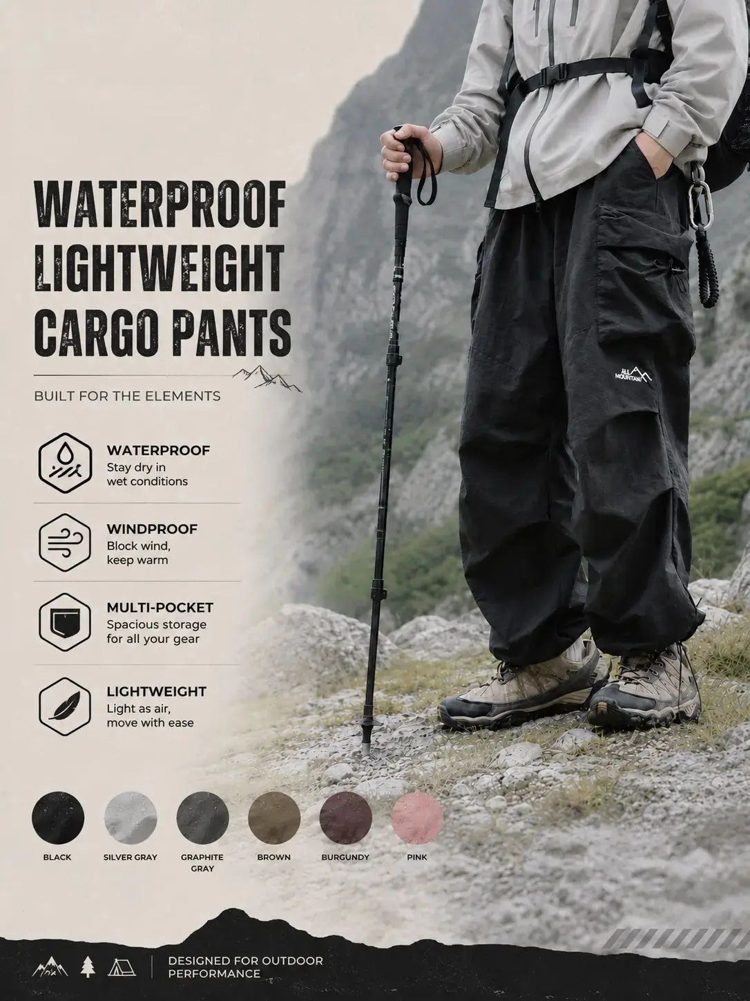 Black Loose-Fit Baggy Cargo Pants for Men, Lightweight Water-Resistant Parachute Trousers with Elastic Waist and Pockets for Gorpcore Streetwear, Fashion Apparel, Mens Clothing, Baggy Pants, Clothes Products, Machine Washable, Baggy Cut, Hip-Hop