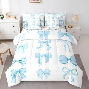 Feelyou 7-Piece Queen Coquette Bow Bedding Set - Blue Fantasy Bowknot Comforter, Pink Trendy Bow Sheets, Modern Princess Quilt for Girls (Queen Comforter Set)