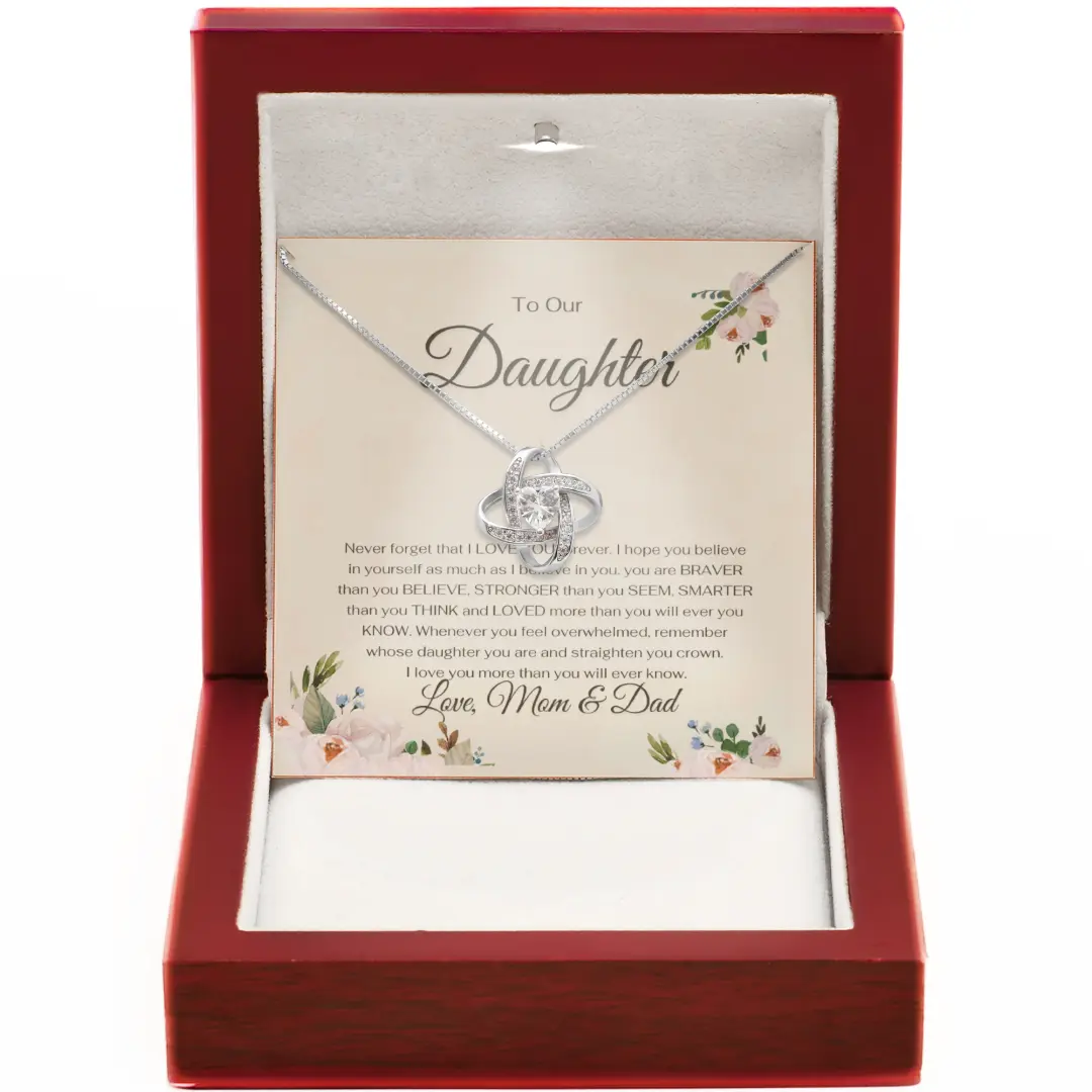 Daughter Necklace Gift from Mom and Dad - 14k Gold Love Knot Pendant with Message Card for Graduation Wedding or Birthday Keepsake