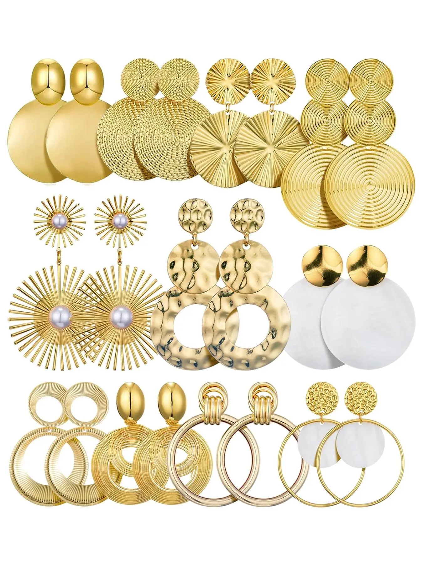 11 Pairs Big Disc Drop Earrings Gold Dangle Earrings Round Hammered Finish Statement Earrings For Women Set Earrings Earring Stacks