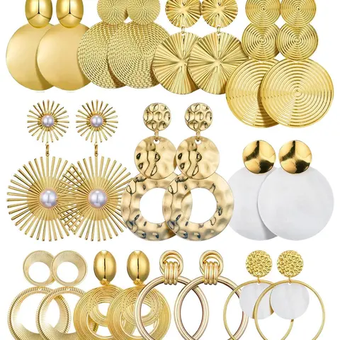 11 Pairs Big Disc Drop Earrings Gold Dangle Earrings Round Hammered Finish Statement Earrings For Women Set Earrings Earring Stacks