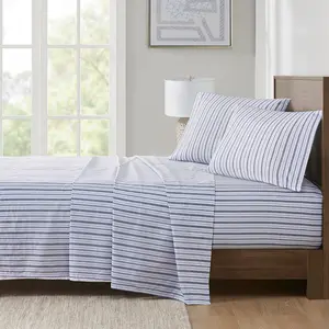 360 Stand King Size Breathable 200 Thread Count Printed Cotton Sheet Set, 108x102x0.13 in, Blue Stripe, Printed Look (Madison Park Essentials MPE20-1014)