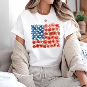 Floral American Flag Shirt, Patriotic Flower T-Shirt, 4th of July Floral Tee, Red Poppy Flag Shirt, Women's Independence Day Gift JSO