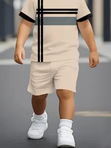 Boys' Summer Casual Set, Striped Sets, Striped Shirt & Colorblock Tee Matching Shorts, Daily Wear for Boys, Trendy Kids Clothing