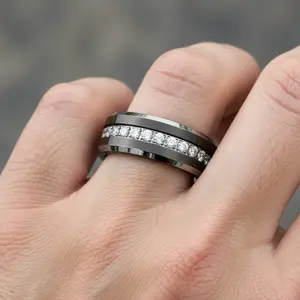 Black Tungsten Carbide Wedding Band, Polished Edges, Fully Stacked CZ Beveled Edge Comfort Fit, 8mm Ring, Diamond Engagement Ring for Men