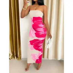 VaVaBold Women's Fitted Strapless Color Blocking Floral Print Elegant Fashion Dress Maxi Women Outfit