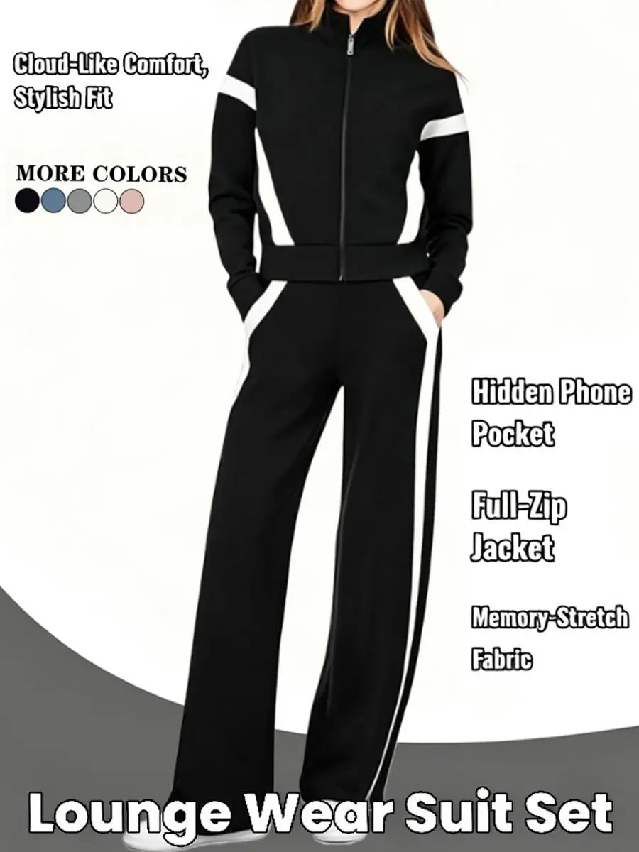 European and American fashion women’s casual athletic two-piece set for spring/autumn—zip-up sweatshirt + sweatpants, elegant color-block design for comfortable wear, stylish outfit for indoor and outdoor use, versatile commuting set