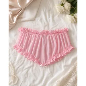 Women’s Cute Pink Ruffle Mesh Panty - Satin Bow Detail, Elastic Stretch, Hip Cutout Lingerie Bottom, Soft Overall Underwear for Outdoor Fun