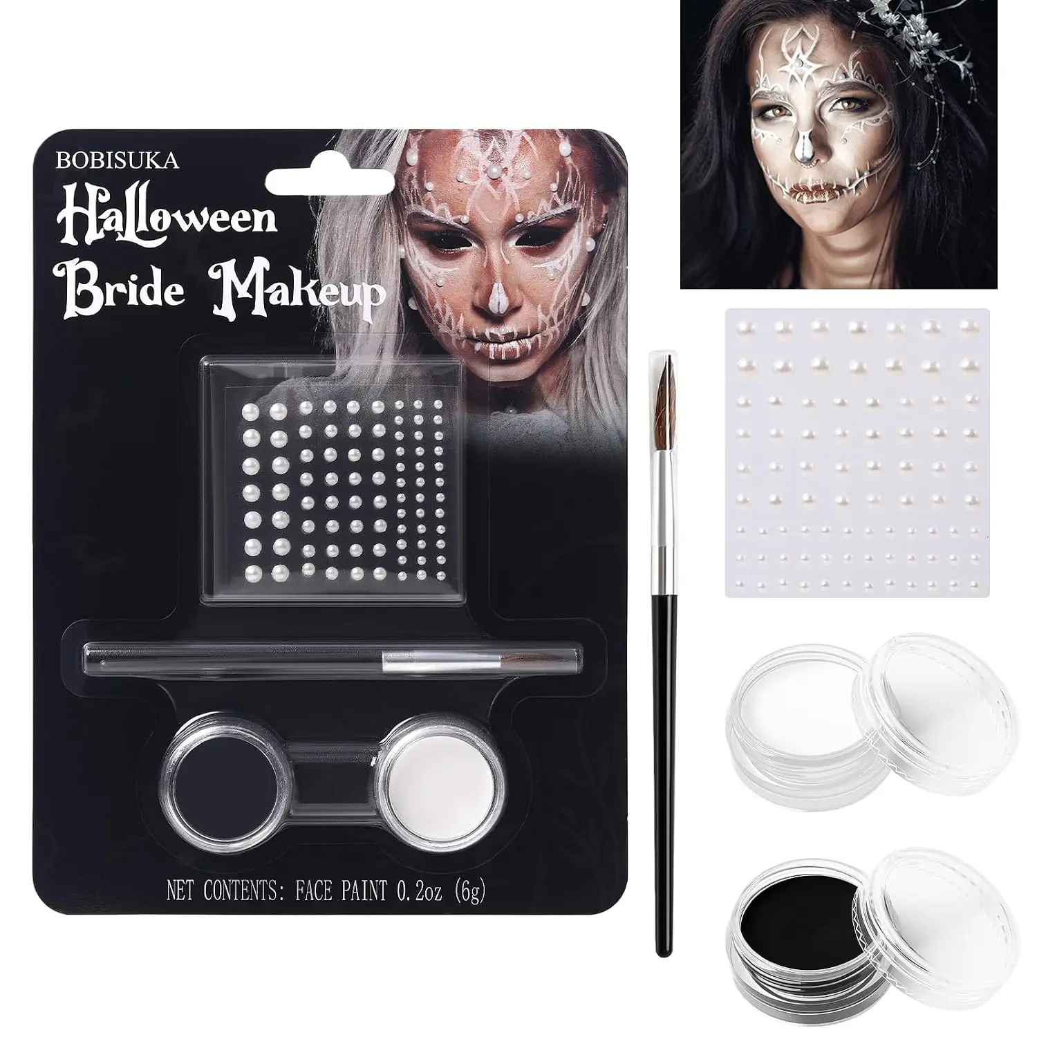 Flawless Black & White Cosmetic Face Paint Kit for Skeleton SFX, Halloween Body Makeup - Includes Paint, Brush, Costume Accessories Crystal Sheet