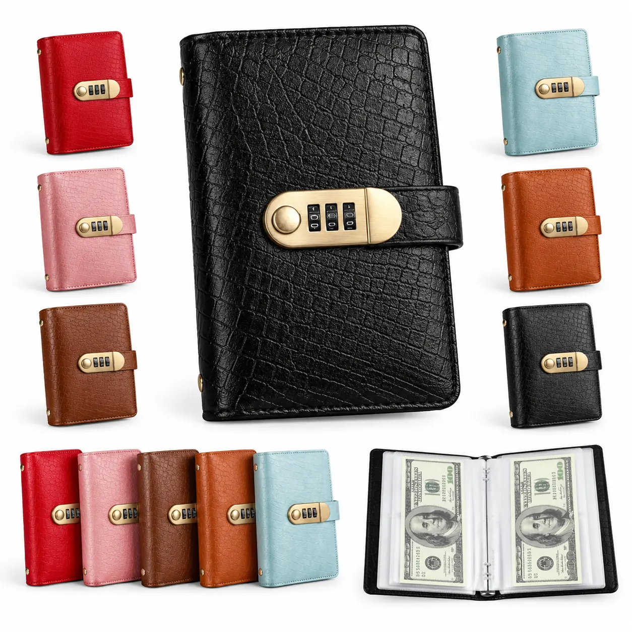 A6 Savings Binder with 3-Digit Resettable Password Lock, PU Leather Budget Planner with 100 Transparent Pockets, Cash Envelope Money Organizer, Banknote Collection Album for Savings, Expense Tracking & Secure Storage