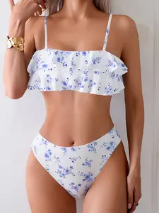 New Women's Floral Bikini Set, Summer Layered Ruffle Swimsuit, Sexy Halter Neck, Elegant & Sexy Swimwear, Beach Vacation Style, Floral Swimsuits