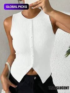 Women's Slim-Fit Knitted Ribbed Tank Top, Solid Color Round Neck Button Down Sleeveless Vest, Split Hem Button Design, Casual All-Season Fashion, Casual Sleeveless Crop