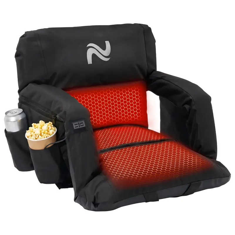 Lilypelle Heated Folding Bleacher Chair - Adjustable Dual-Zone Heating Stadium Seat with 3 Heat Levels, 6-Position Recline, 5.12" Thick Cushion, Lightweight Portable Camping Chair with Hook, UV Prevention, Compartments & Safety Straps for Unisex Adults fa