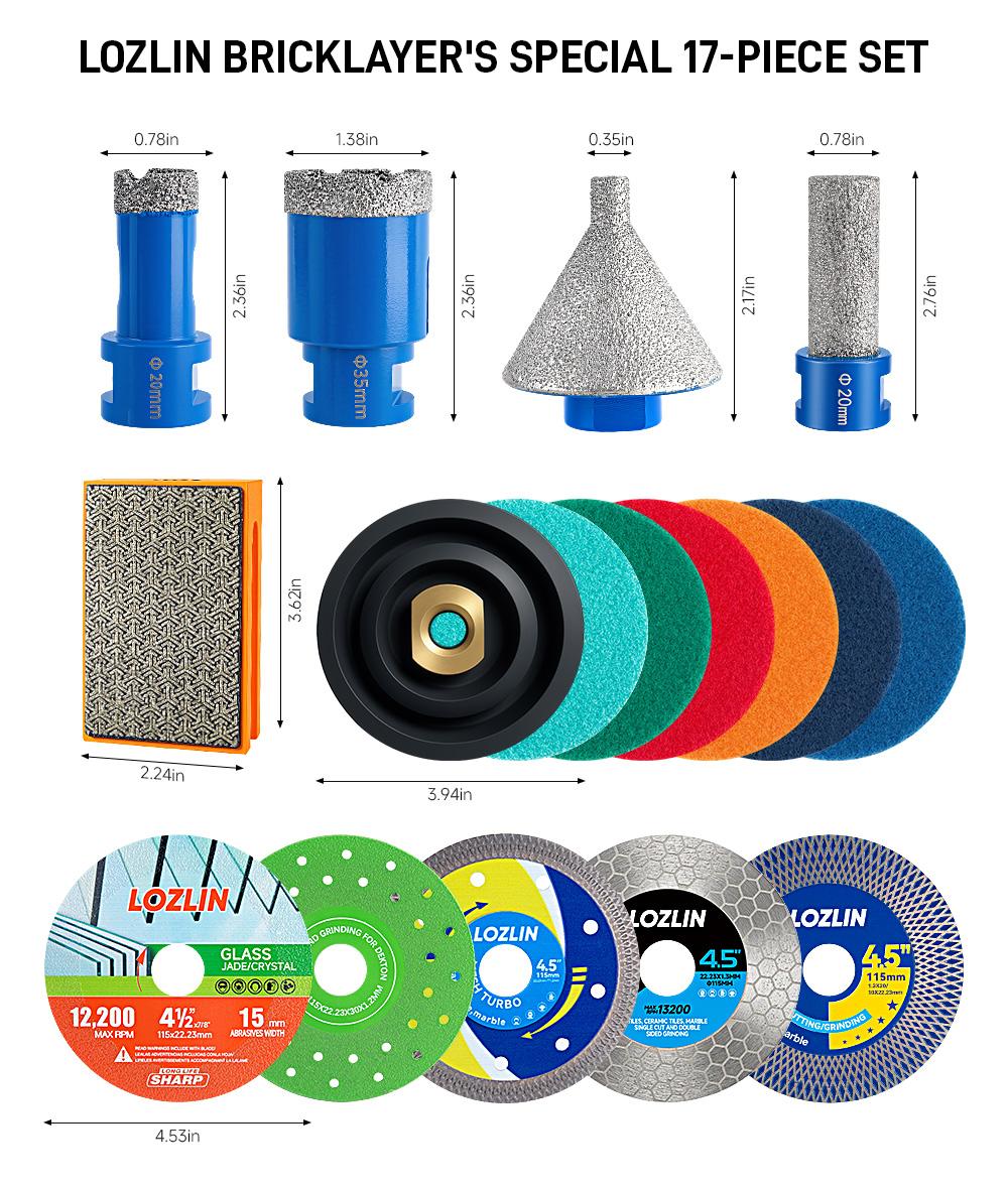 LOZLIN 17PCS Diamond Tool Kit for Tile, Includes Diamond Drill Bits, Saw Blades, Polishing Pads,Hand Pad, Chamfer Drill & Milling Bits, Cut & Grind Porcelain, Glass, Marble, Quartz and Ceramic