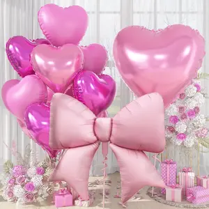 32 Inch Hot Pink Heart Balloons, Large Bow Foil Balloons, 10Pcs 38" Giant Pink Bow-knot Balloon with 18" Heart Shape Helium Balloon Set for Birthday Wedding Bachelorette Engagement Party Decor