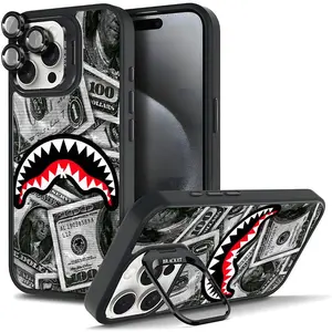 Shark Mouth Casing For iphone 17 Air 16 15 14 13 12 11 PRO PLUS MAX Hard TPU Metal lens frame Film With Bracket Stand Gift Shockproof Protection Anti-Drop Protective Protector Phone Cases Shell Cover