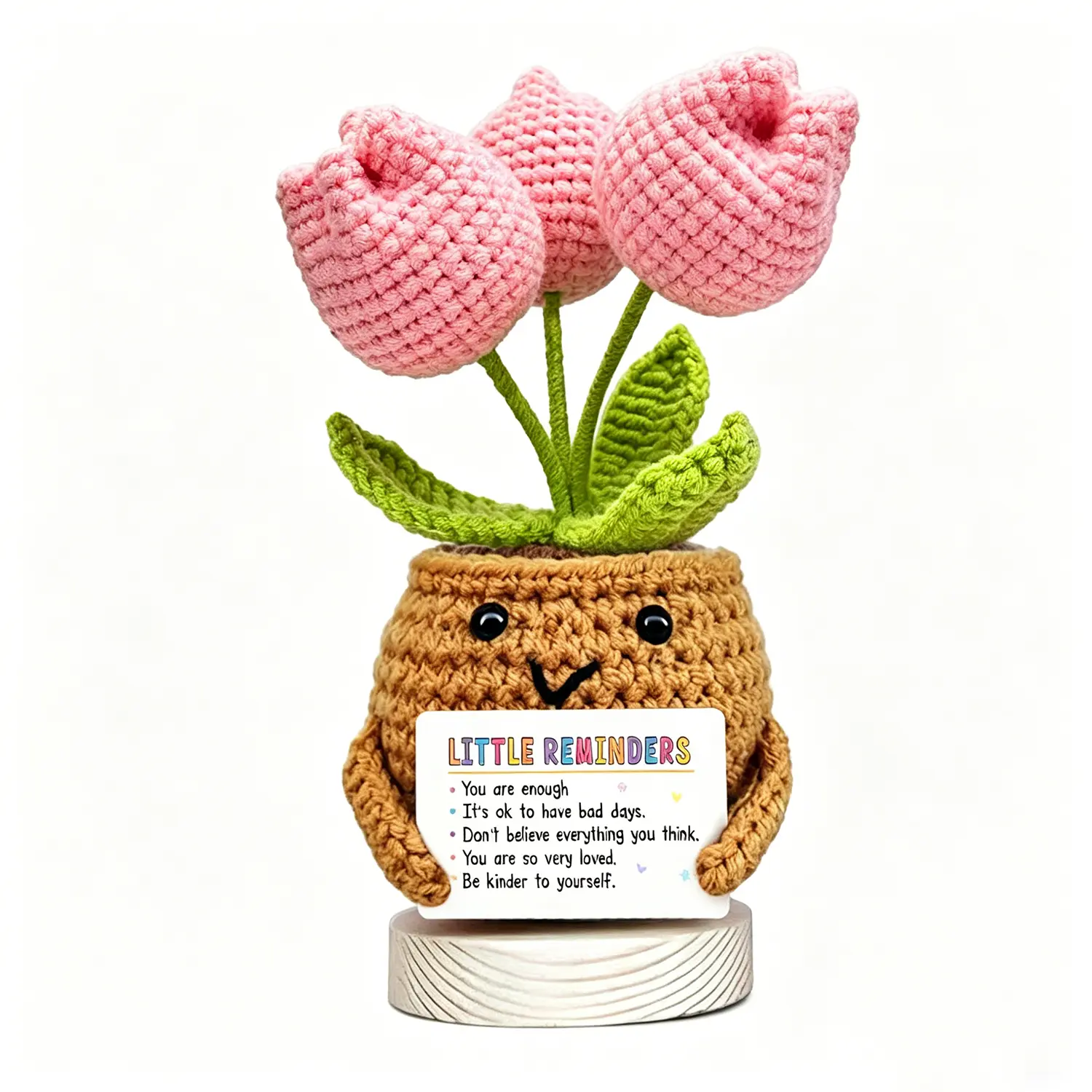 Minimalist Handmade Cotton Yarn Crochet Tulip Floral Bouquet with Wooden Base - Decorative Desk Ornament Pot, Mental Health Gift for Women, Floral Plants Decor for Back to School, Garage Spaces, Flared Design Accent, Sculpture, Eye Care, Study