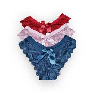 Women's Lace Bow Thongs 3-Pack V-Shaped Design Low Waist Fit Floral Lace Breathable Fabric Comfortable Colors Pink Red Blue Elegance