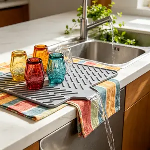Silicone Dish Drying Mat for Kitchen Counter Essentials with Wider Drain Spout, Non-Slip Heat Resistant Dish Drying Pad with Hanging Hole for Sink RV Camper Travel Multipurpose Drainer Mat Grey