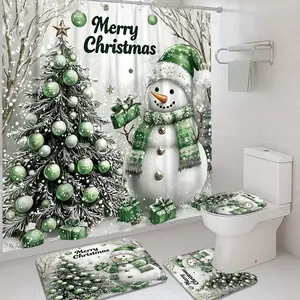 1/4 pcs Snowman and Christmas ball design shower curtain set, festive design, non-slip floor mat, U-shaped carpet, toilet seat cover, perfect for bathroom decoration, 12 shower curtain hooks included, Bathroom Supplies, Bathroom Decoration Accessories