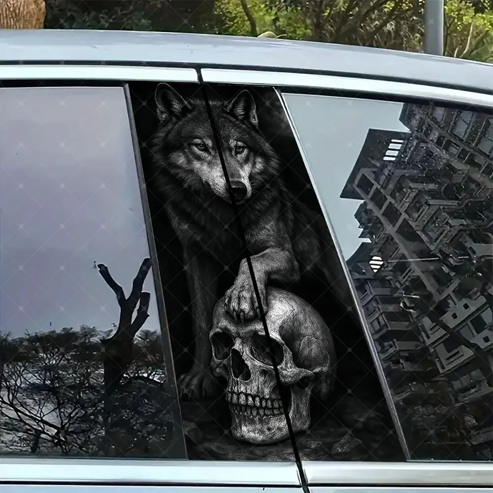 2pc Terror Wolf Car B Pillar Protection Sticker, Premium Skull Stickers, Skull Decal, Easy Peel & Stick, Sunproof Waterproof Scratch Resistant, Fits All Cars, Car Exterior Decoration, Automotive Decals, Vehicle Decoration