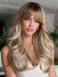 Root Ombre Highlights Wig, 20 Inch Medium Length Curly Hair, Women's Full Head High Temperature Resistant Fashion Casual Wig, Heat Resistant Wigs, Ombre Layered Wigs