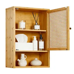 Garvee Bathroom Wall Cabinet, Above Toilet Storage Cabinet Bamboo Medicine Cabinets Wall Mount with Rattan Doors and Adjustable Shelf, Space Saver Cabinet Storage for Kitchen, Laundry, Living Room Nature