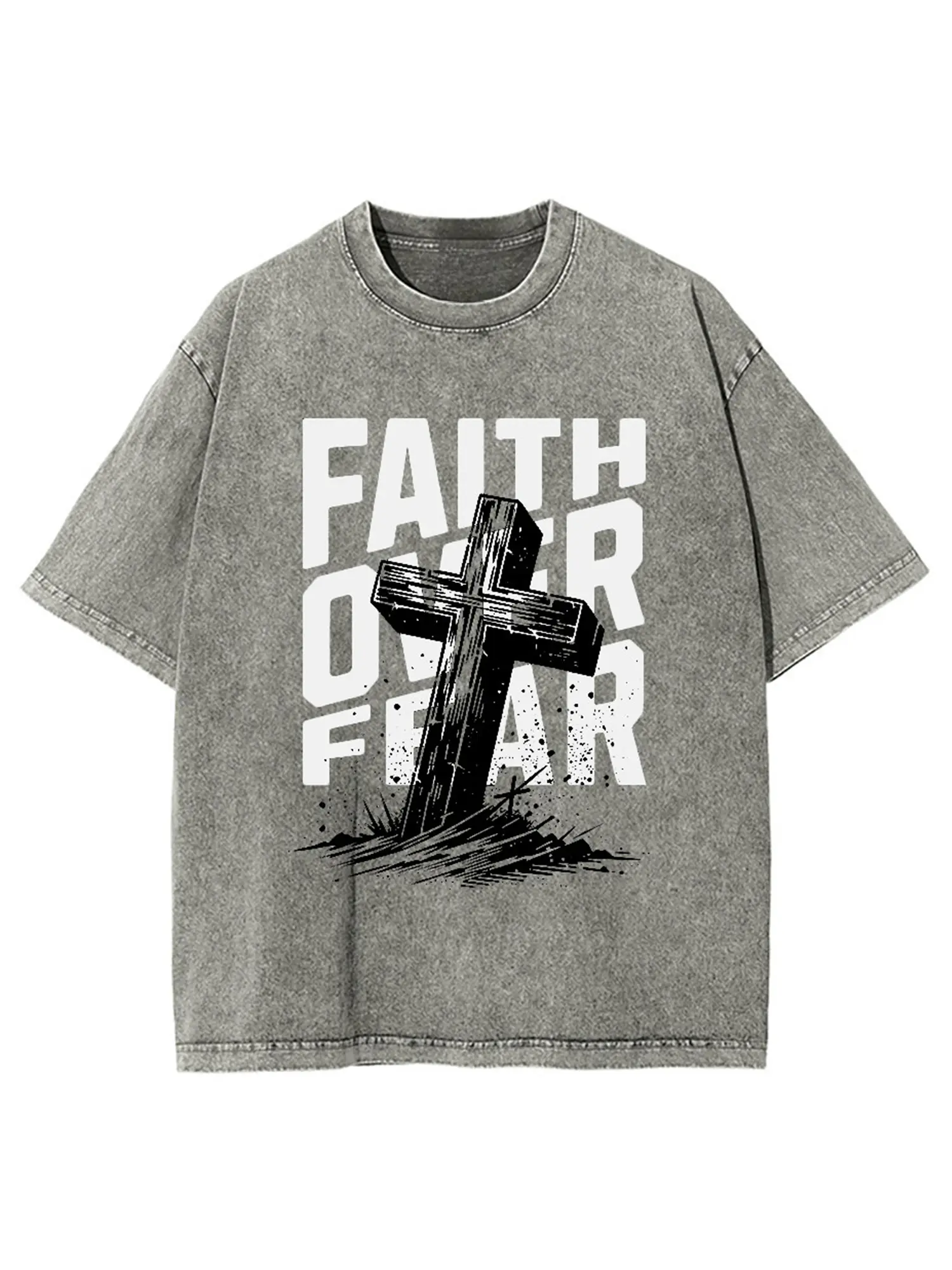 Faith Over Fear Graphic Tee | Christian Cross Acid Wash T-Shirt, Vintage Wash Heavyweight Streetwear Top,Unisex graphic T-shirt