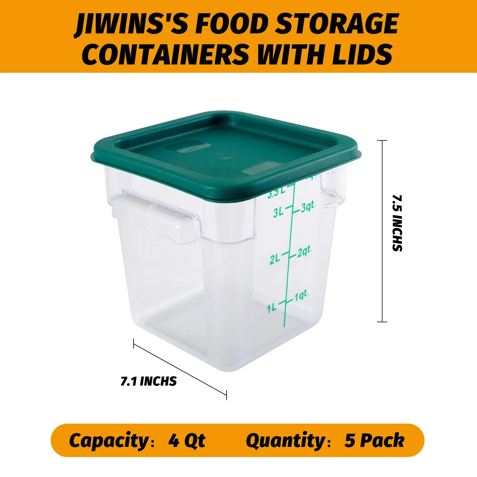 Hakka 4 Qt Commercial Grade Square Polycarbonate Food Storage Containers with Chemical Resistance, Clear Food Covers - Case of 5 Kitchen Supplies