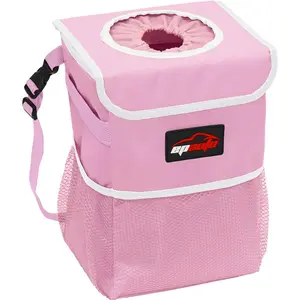 EPAuto Waterproof Car Trash Can with Lid and Storage Pockets, 2.5 Gallon Leakproof, Pink