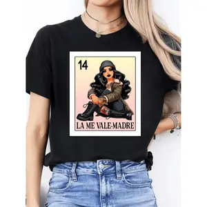 Casual Spanish Letter Print T-Shirt for Women Featuring La Me Valé Madre Zodiac Sign Design Round Neck Short Sleeve and Medium Stretch