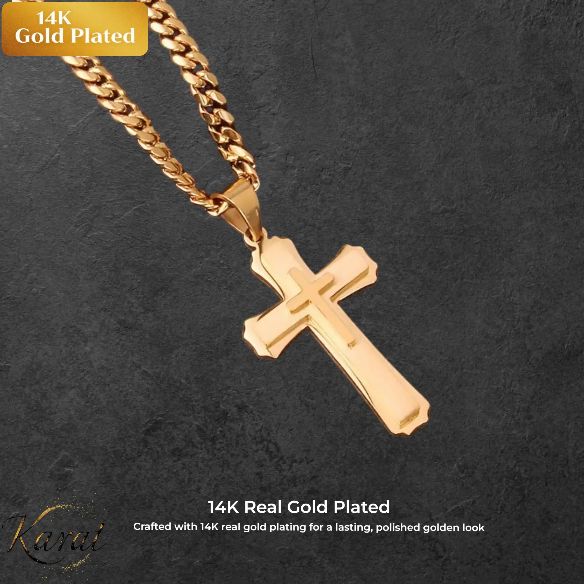Unisex Cross Motif Pendant Necklace, 24 in Metal Coated Cuban Chain, Stylish Fashion Jewelry Gift in Gold or Black-Gold