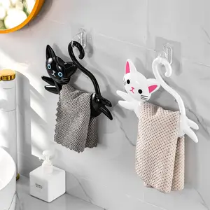 2024Cute Cartoon Cat Towel Rack - No-Drill Wall Mount, Plastic Storage Hook for Bathroom Towels & Accessories2025