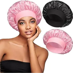 Ladies wide-brimmed high-elastic hat satin nightcap hair shower cap high-end material satin hair cap Colorful Adjustable Black