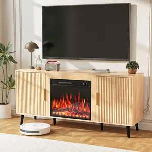 PUKAMI 58" Mid Century Modern TV Stand with 23" Fireplace,Entertainment Center and TV Console Table with Storage,Wooden TV Media Console with Adjustable Shelves for Living Room,Bedroom