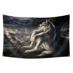 Melancholy white wolf flag, a playful banner with a tapestry-like design, suitable for decorating university dormitories, outdoors, bedrooms, or home offices.