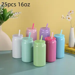 25pcs  Glitter Shimmer 16oz  Sublimation Blank Vacuum Cups Tumbler With Colored Pp Lids 16oz Candy Colored Blank Sublimation Coffee Mug Blank Sublimation Macaron Colored Can Cups Portable Water Bottle Bottled Water Bottles Drinkware