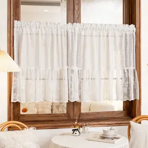 1PC Heart Embroidered Lace Curtain Panel, Coffee Color Short Half Curtains, American Style Dining Room Window Drapes, Home Decoration Curtain