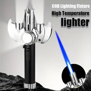 Creative metal inflatable lighter, high temperature flamethrower, outdoor windproof lighter with COB lighting, multi-functional high-power flamethrower, suitable for moxibustion barbecue baking camping lighter (excluding butane gas)