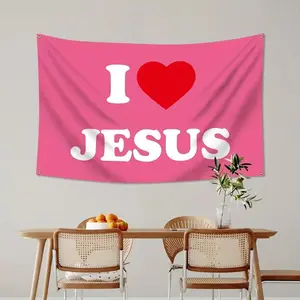 I Love Jesus Single-Sided Print, 3x5 Feet (90x150 Cm) with 4 Metal Grommets, Ideal for Festivals, Dorms, Parties, Home Decor, Wall Tapestry, Tapestry Wall Hanging