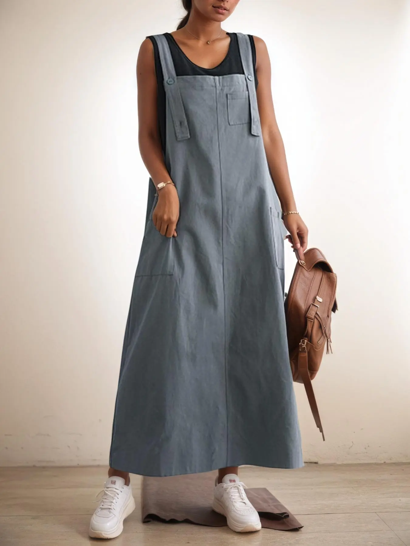 Women's Solid Basic Pocket Split Overall Dress, Casual Sleeveless Loose Fit High Slit Overalls Long Pinafore Dress for Daily Wear, Everyday, Ladies Clothes for All Seasons, Womenswear