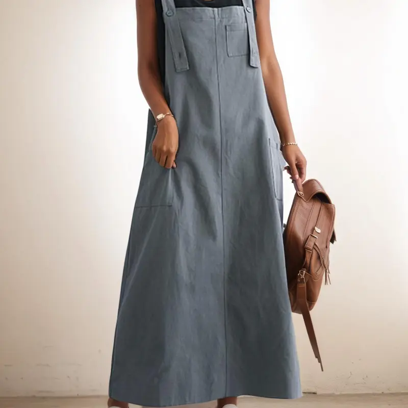 Women's Solid Basic Pocket Split Overall Dress, Chic Overalls, Casual Sleeveless Loose Fit Long Pinafore Dress for Daily Wear, Everyday, Ladies Clothes for All Seasons, Womenswear
