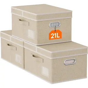 Medium Storage Bins with Lids, Fabric Foldable Storage Boxes with Handles, Decorative Closet Organizer, Stackable Cube Baskets Container for Bedroom, Office, Nursery, 3 Packs, Beige