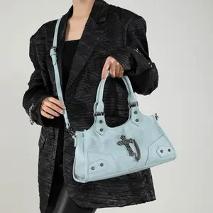 Gothic Cross Studded Handbag, Y2K Punk Motorcycle Tote Bag, Edgy Crossbody & Underarm Bag for Women outdoorfun