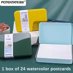 Watercolor Postcard, 24-Sheets 300gsm Cotton Artist Paper in Coarse, Medium and Fine Textures, Iron Tin Box, Art Supplies for Painting, Durable Cardstock
