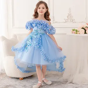 Girls' blue Princess Sleeveless Party Dress Puffy Tulle Flower Girl Gown for Wedding Birthday Party, Summer Cute Layered Tutu Skirt Kids Formal Dress kids girl  floral  dresses graduation dress princess quince elegant Tiered dress kiddress Mesh