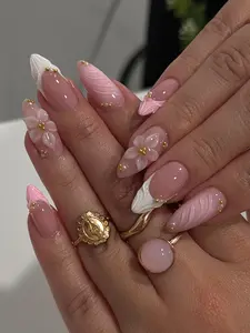 Bubble Nailart | PINK PETALS Nude Pink White 3D Flower Blossom Nails Handmade Press On Nails REUSABLE Gel Acrylic / Spring