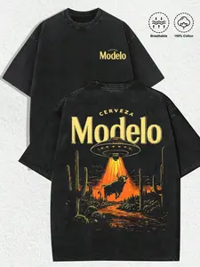 1 PCS "Retro American-Beer 'Cerveza Modelo' UFO Abducting Bull In Desert Cactus Scene & Bold Text" Print Black T-Shirt, Vintage Distressed Aesthetics, Spring/Summer Men Women Clothes, Regular Fit T-Shirt, Christmas & American Beer Gatherings