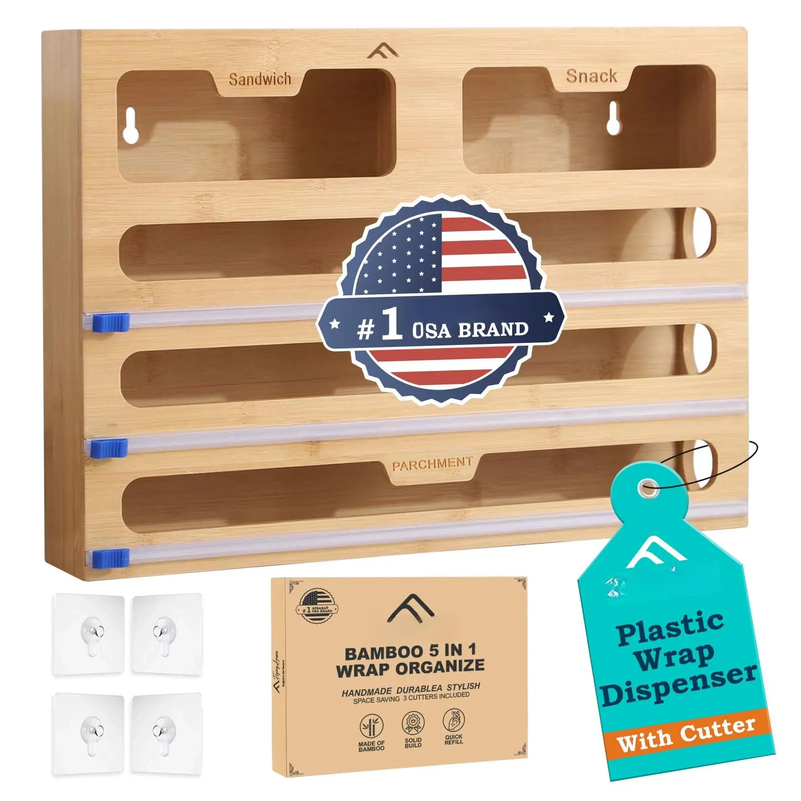 Apsaras 5 In 1 Foil And Plastic Wrap Organizer For Kitchen Drawer  Ziplock Bag Saran Dispenser With Food Storage Organization